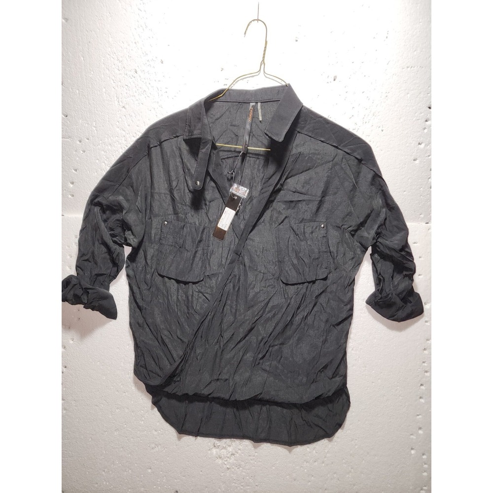 ReneeC Top Womens Large Black Collared Long Sleeve V Neck Pocket Casual Button